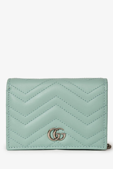 Gucci Teal Leather GG Marmont Chevron Quilted Wallet On Chain