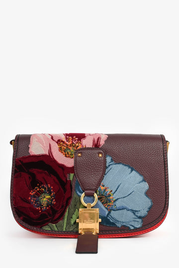 Valentino Burgundy Floral Embroidered Lock CroESbody