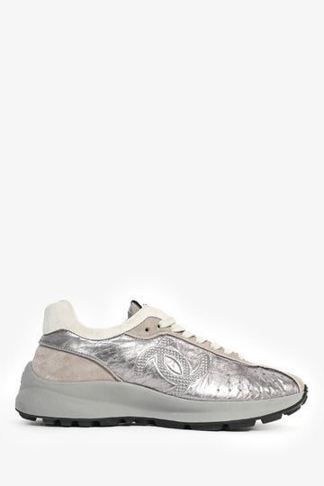 Chanel™ Silver/Grey Leather CC Sneakers Size 39.5