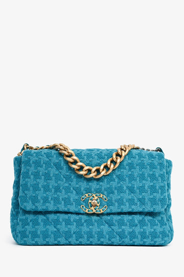 Chanel™ Blue Houndstooth Tweed Large 19 Flap Shoulder Bag