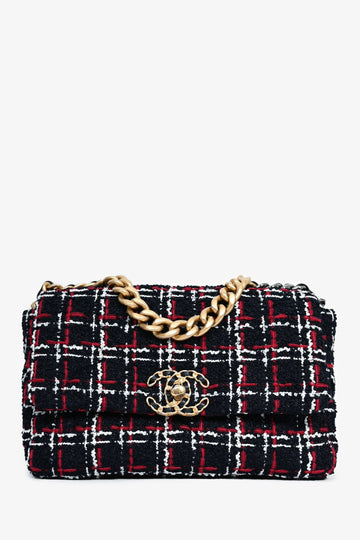 Chanel™ Black/Red/White Tweed Medium 19 Flap Shoulder Bag