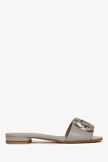 Chanel™ Grey Leather Silver Camellia Flower Flat Sandals Size 35.5