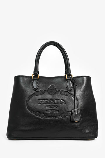 Prada Black Leather EmboESed Logo Tote Bag with Strap