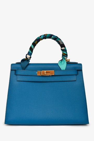 Hermès 2014 Blue Epsom Leather Kelly 28 GHW with Strap (As Is)