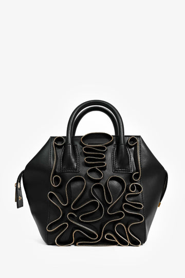 Stella McCartney Black Vegan Leather Gold Zipper 'Cavendish' Top Handle Bag with Strap