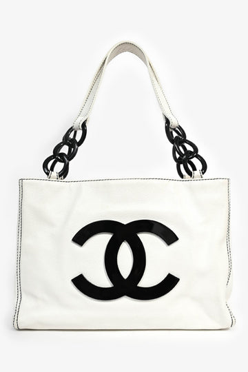 Chanel™ 2004-05 White Caviar Leather Black Resin CC Chain Link Tote Bag