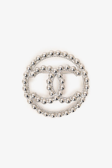 Chanel™ Silver Tone Bead CC Logo Round Pin Brooch