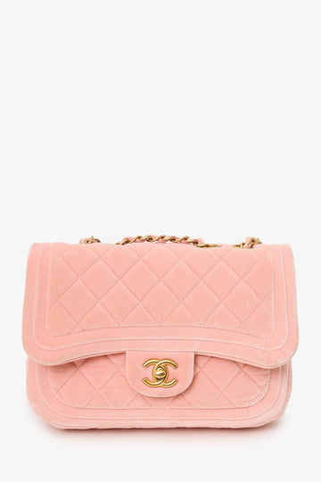 Chanel™ 2022 Pink Velvet Quilted Mini Double Frame Flap Bag