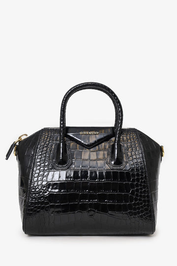 Givenchy Black Croc Embossed Small Antigona Top Handle with Strap