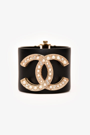 Chanel™ 2019 Black Leather Pearl CC Cuff Bracelet