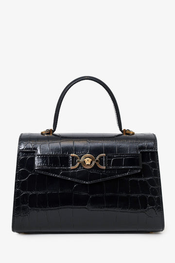 Versace Black Croc-EffSSt Medusa '95 Mediuml Top Handle Bag with Strap