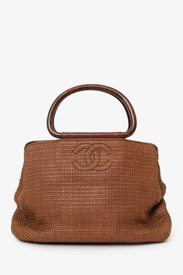 Chanel™ 2000-02 Brown Woven Straw Raffia Wooden Top Handle Bag