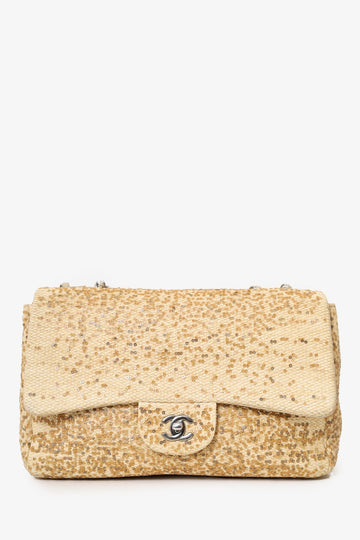 Chanel™ 2013-14 Beige Raffia Sequin Small Single Flap Bag