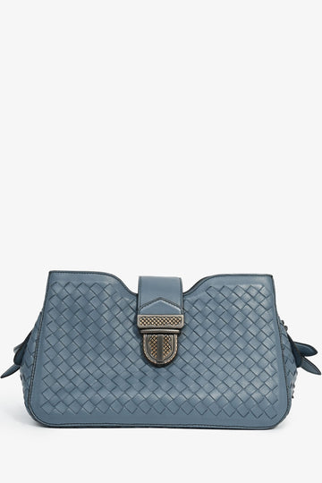 Bottega Veneta Blue IntrSSciato Leather 'Roma' Shoulder Bag