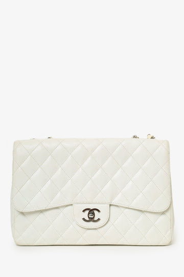 Chanel™ 2006-08 White Caviar Leather Jumbo Single Flap Bag