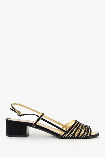 Chanel™ Black/Gold Suede/Leather Block Heeled Sandals Size 39.5
