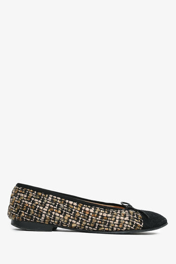 Chanel™ Black/Brown Metallic Tweed Cap Toe Ballet Flats Size 36.5