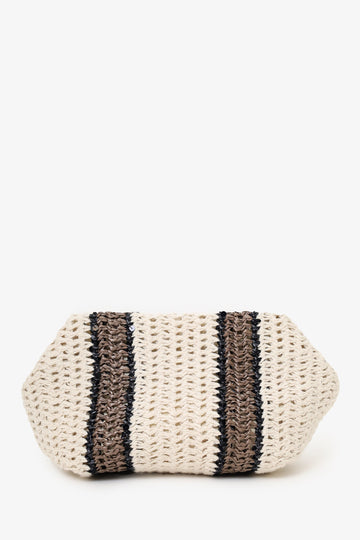 Brunello Cucinelli White/Brown/Black Small Crochet Regimental Straw EffSSt Pouch with Strap