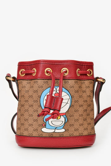 Gucci X Doreamon Brown/Red Canvas/Leather GG Supreme Mini Bucket Bag