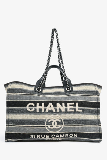 Chanel™ 2018-19 Grey Striped Fabric Deauville Tote (As Is)