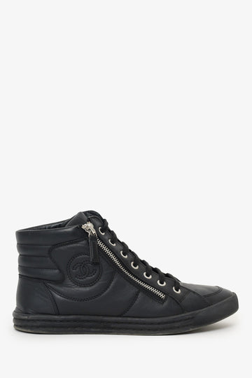 Chanel™ Black Leather CC Double Zip High Top Sneakers Size 37.5