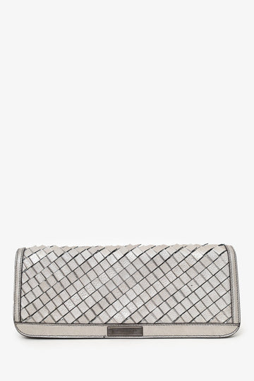 Burberry Silver Metallic Leather Ombre Woven Pattern Leather Wristlet Clutch