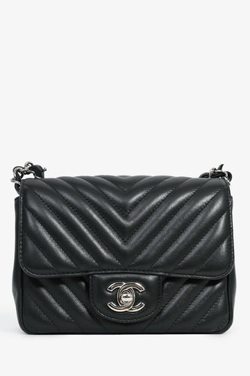 Chanel™ 2020 Black Leather Mini Square Classic Chevron Flap Crossbody Bag