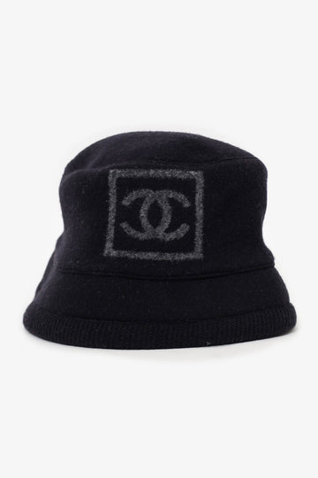 Chanel™ Black Wool/Cotton CC Logo Bucket Hat Size L