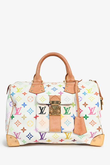 Louis Vuitton 2003 White Leather Multicolore Monogram 'Speedy 30' Top Handle (As Is)