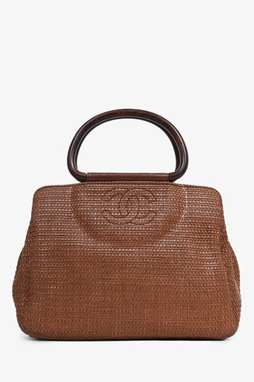 Chanel™ 2000-02 Brown Woven Straw Raffia Wooden Top Handle Bag