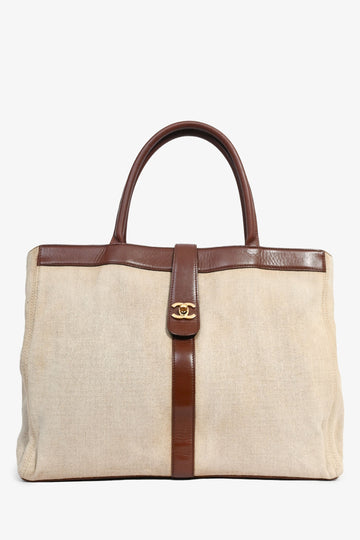 Chanel™ 2000-02 Beige/Brown Linen Leather Trimmed CC Tote