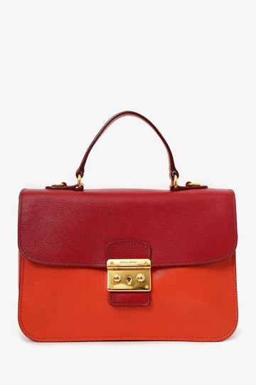 Miu Miu Red/Orange Leather Madras Leather Push Lock Flap Top Handle Bag