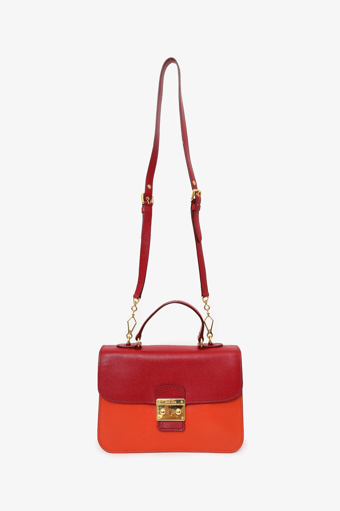 Miu Miu Red/Orange Leather Madras Leather Push Lock Flap Top Handle Bag