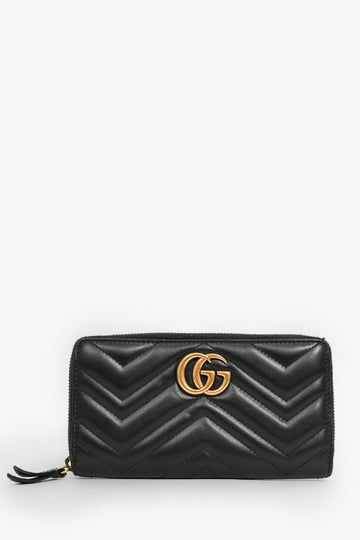 Gucci Black Chevron Leather Marmont Long Zip Wallet
