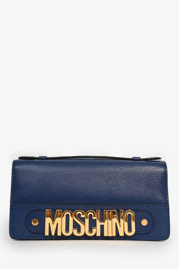 Moschino Navy Blue Leather Logo Flap Bag with Chain