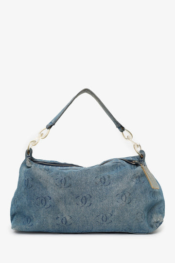 Chanel™ 2002-2003 Blue Denim CC Printed Hobo With Clear Acrylic Hardware
