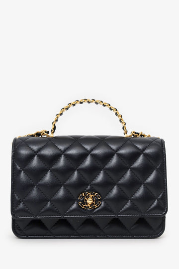 Chanel™ 2024 Black Quilted Leather Chain Wallet w/ Handle Crossbody