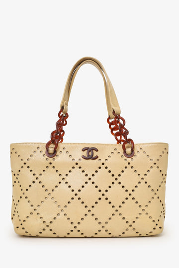 Chanel™ 2003-04 Beige Caviar Perforated Bekko Chain Tote