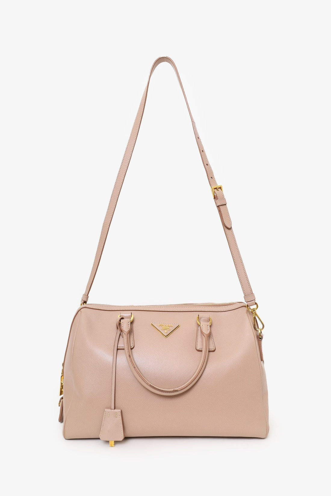 Prada Taupe Saffiano Leather Bowler Bag With Strap (As Is)