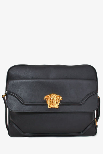 Versace Black Saffiano Leather Gold Medusa Large Zip Messenger Bag