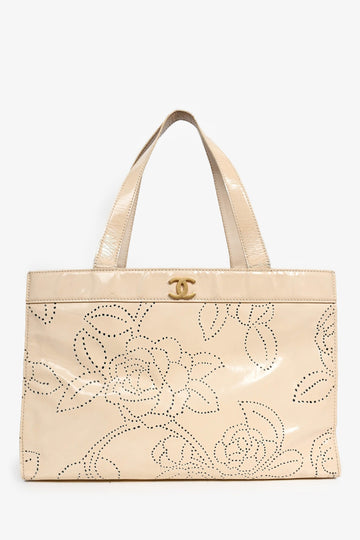 Chanel™ Light Pink Camellia Patent Perforated Tote