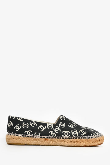 Chanel™ Black Leather White Printed CC Pattern Espadrilles Size 38