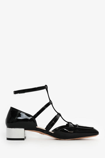 Christian Dior Black Patent T-Strap Silver Block Heels Size 37