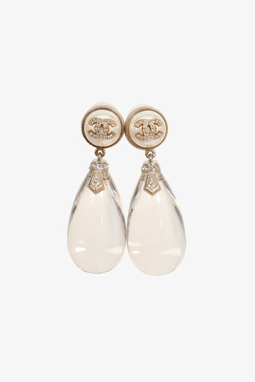 Chanel™ Silver Toned Faux Pearl Crystal CC Lucite Drop Studs