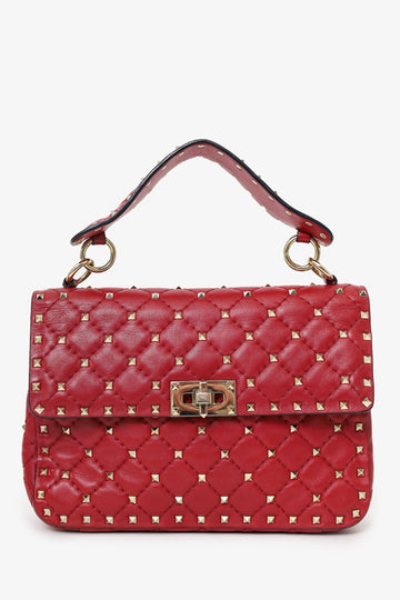 Valentino Red Quilted Rockstud Top Handle Bag With Chain