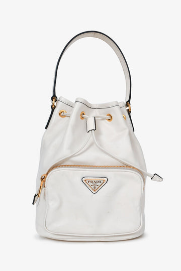 Prada White Leather Small 'Duet' Bucket Bag with Strap (As Is)