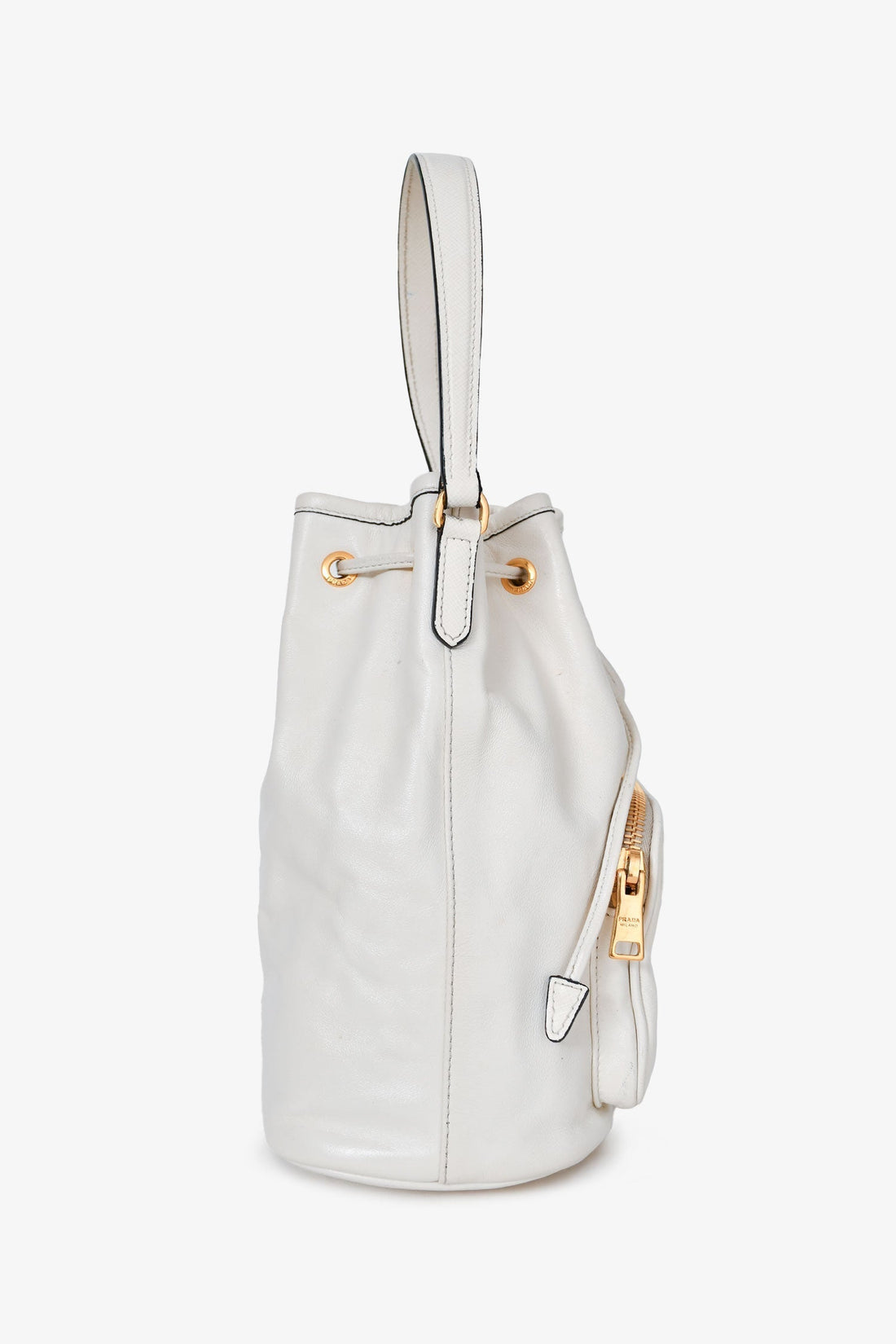 Prada White Leather Small 'Duet' Bucket Bag with Strap (As Is)