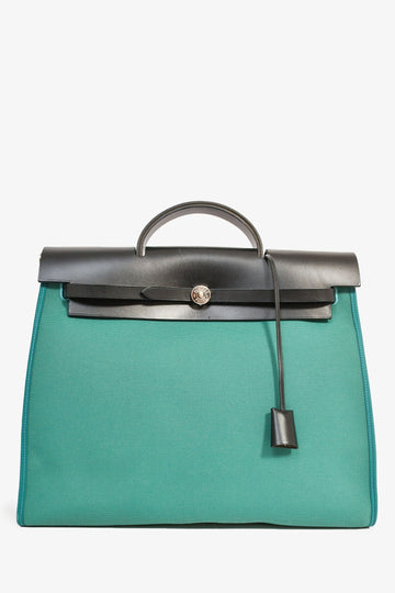 Hermès 2017 Teal Canvas/Black Leather Herbag 39