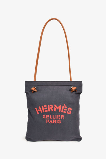 Hermes Navy Canvas Red Logo Tan Leather 'Aline' Grooming Bag