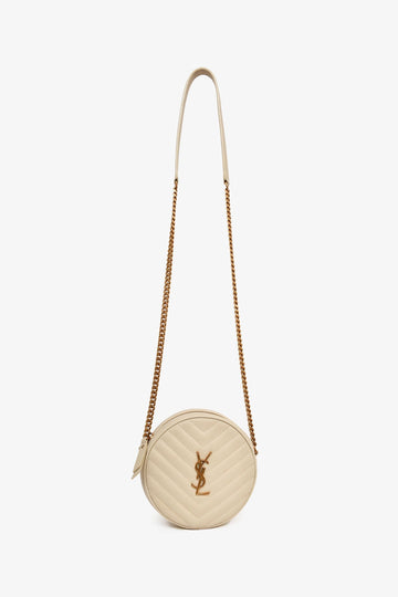 Saint Laurent Cream Leather Matelassé Round Crossbody Chain Bag